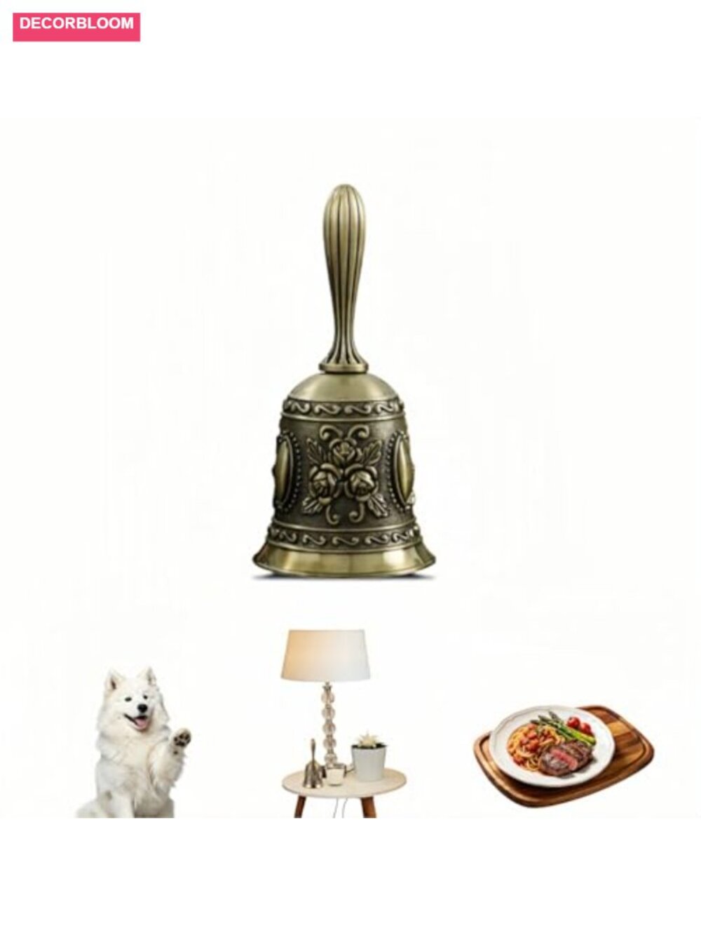 Vintage Hand Bell Bronze Metal 3D Rose Embossed Ergonomic Handle Loud Clear Tone